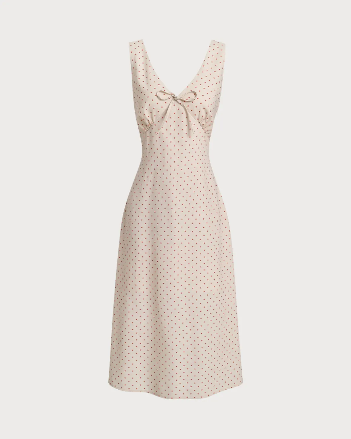Beige V-neck Ruched Sleeveless Midi Dress