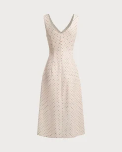 Beige V-neck Ruched Sleeveless Midi Dress