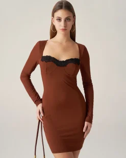 Bettydress-Brown Lace Splicing Bodycon Mini Dress