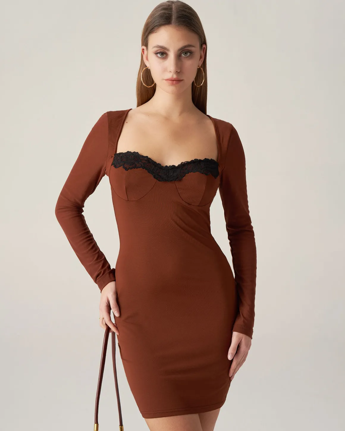 Bettydress-Brown Lace Splicing Bodycon Mini Dress