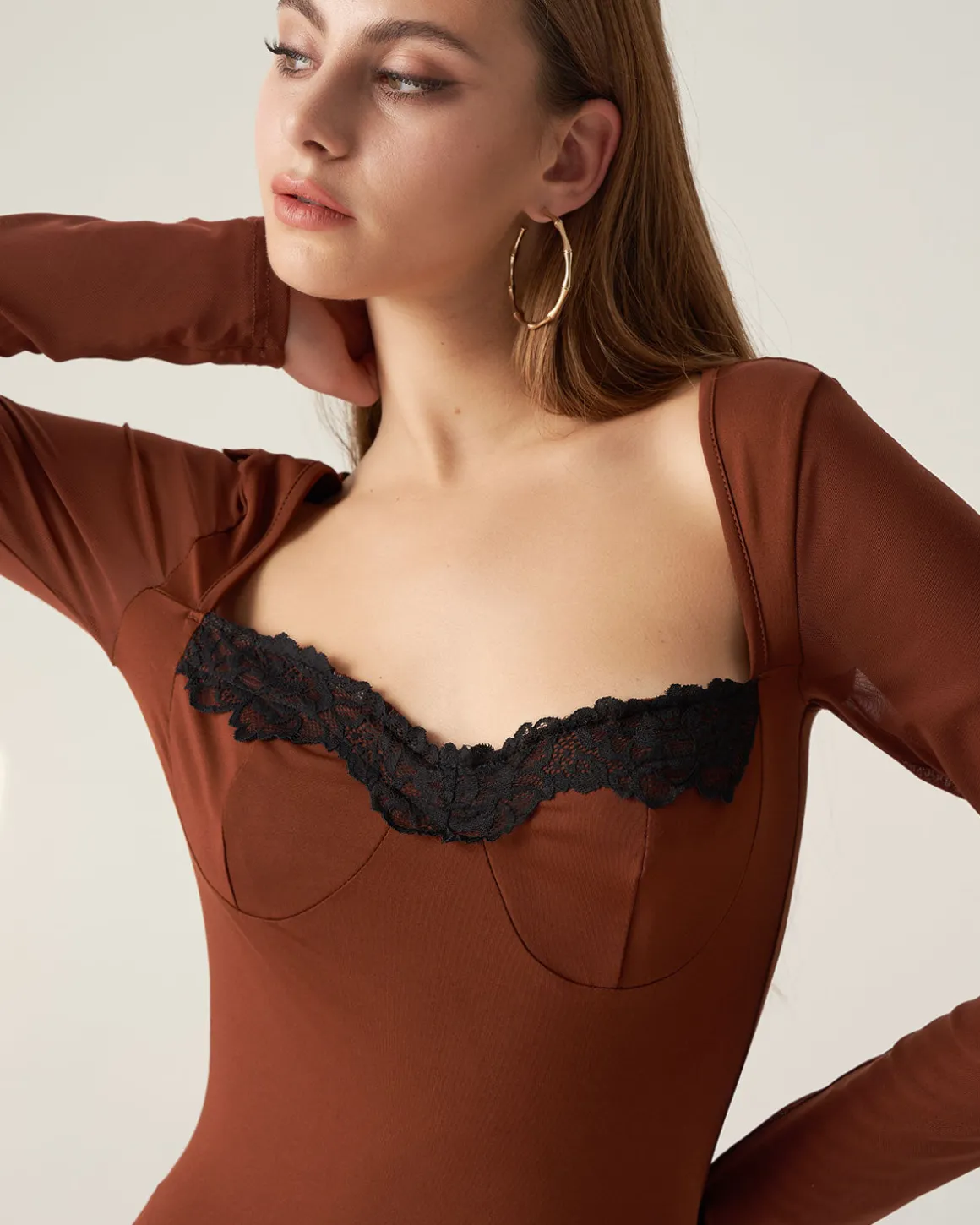 Bettydress-Brown Lace Splicing Bodycon Mini Dress