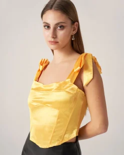 Bettydress-Yellow Satin Tie Strap Cami Top