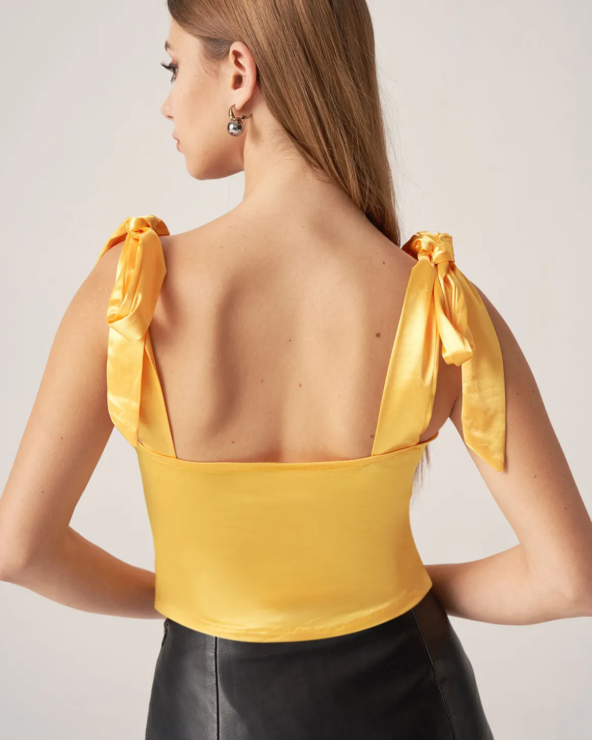 Bettydress-Yellow Satin Tie Strap Cami Top