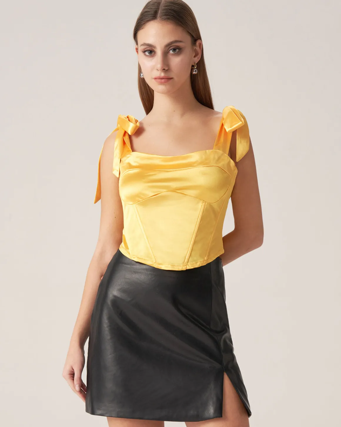 Bettydress-Yellow Satin Tie Strap Cami Top