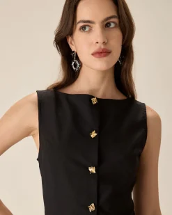 Black Boat Neck Pleated Mini Dress