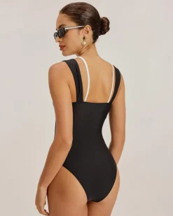 Black Contrast Lace One-Piece Swimsuit