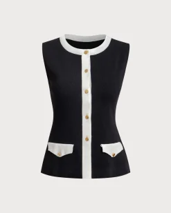 Black Contrast Pocket Single Breasted Vest