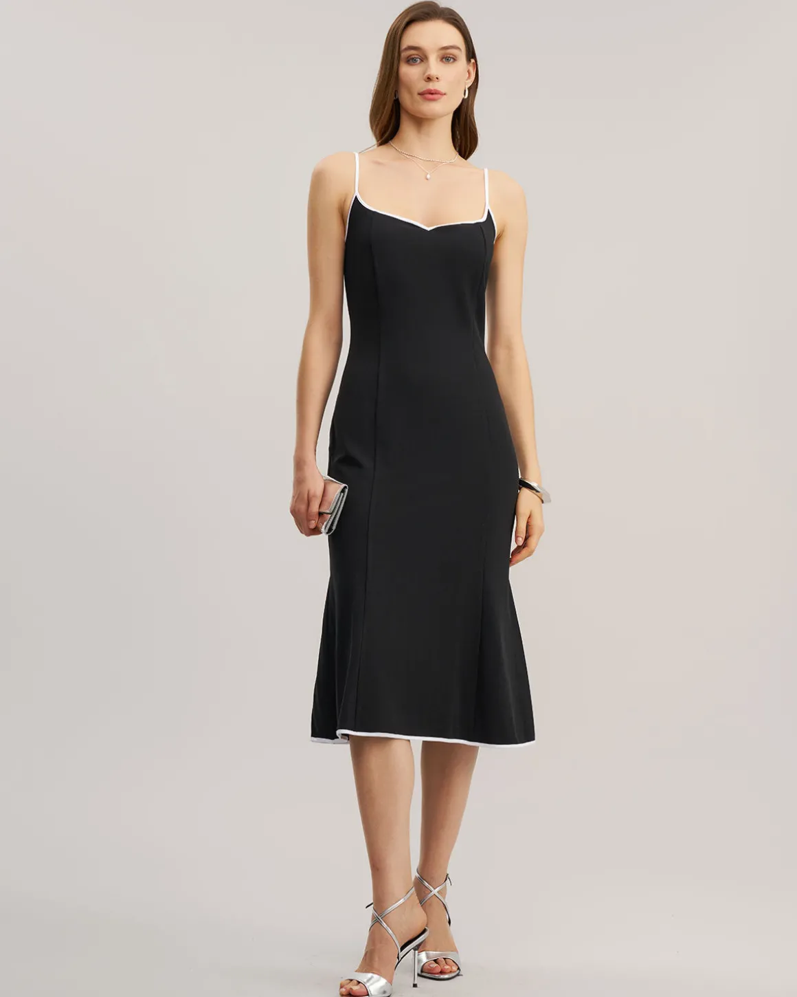 Black Contrast Sweetheart Neck Slip Midi Dress