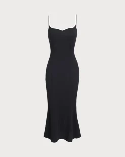 Black Contrast Sweetheart Neck Slip Midi Dress