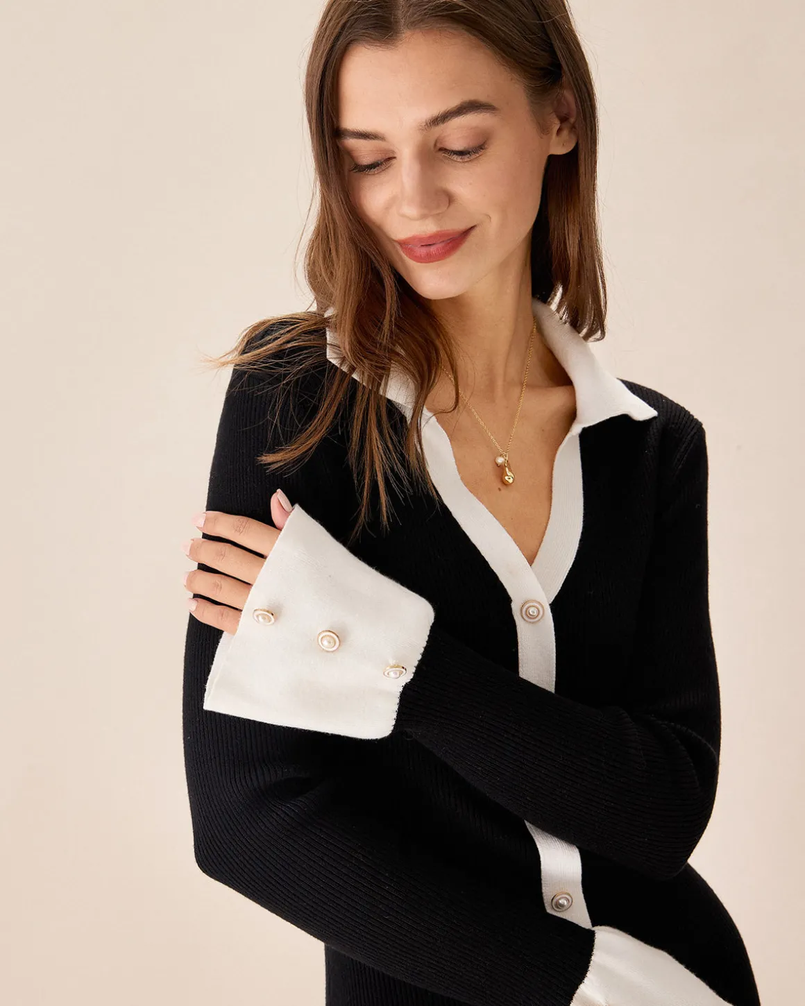 Black Contrasting Bell Sleeve Sweater Dress