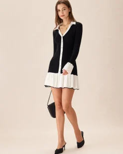 Black Contrasting Bell Sleeve Sweater Dress