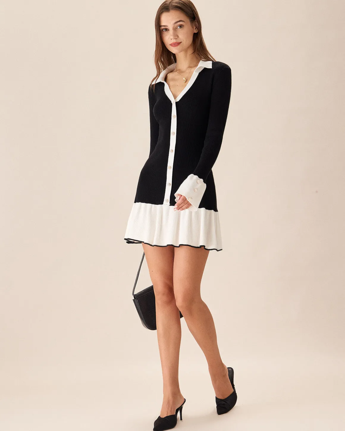 Black Contrasting Bell Sleeve Sweater Dress