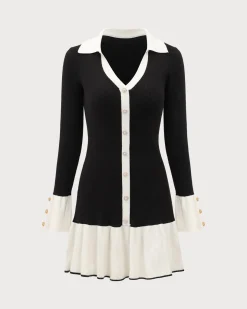 Black Contrasting Bell Sleeve Sweater Dress