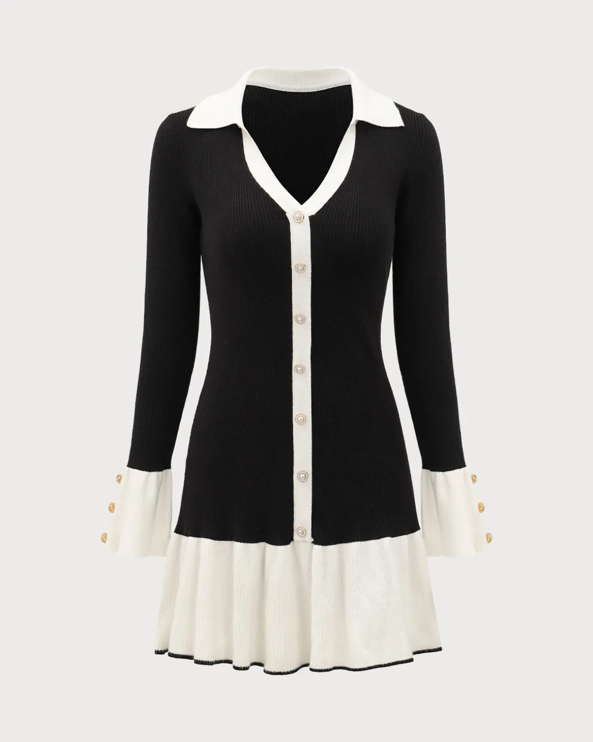 Black Contrasting Bell Sleeve Sweater Dress
