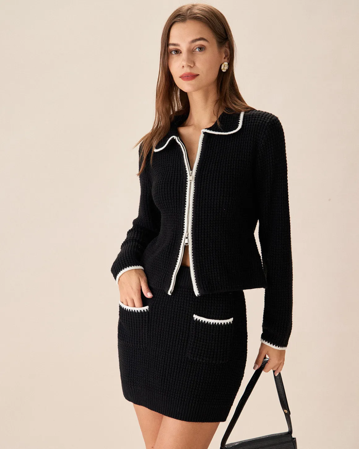 Black Contrasting Knit A-line Mini Skirt