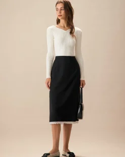 Black Contrasting Slit Midi Skirt