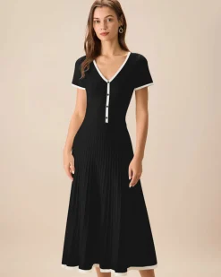 Black Contrasting Sweater Midi Dress