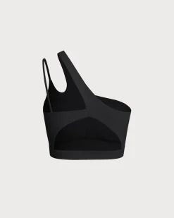 Black Cropped One Shoulder Yoga Cami Top - Light Support