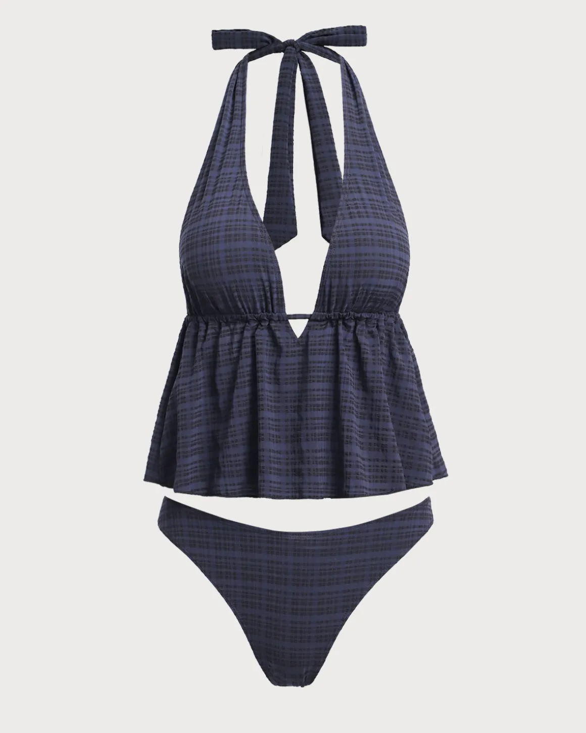 Black Deep V Neck Plaid Tankini Swimsuit