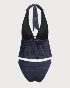 Black Deep V Neck Plaid Tankini Swimsuit