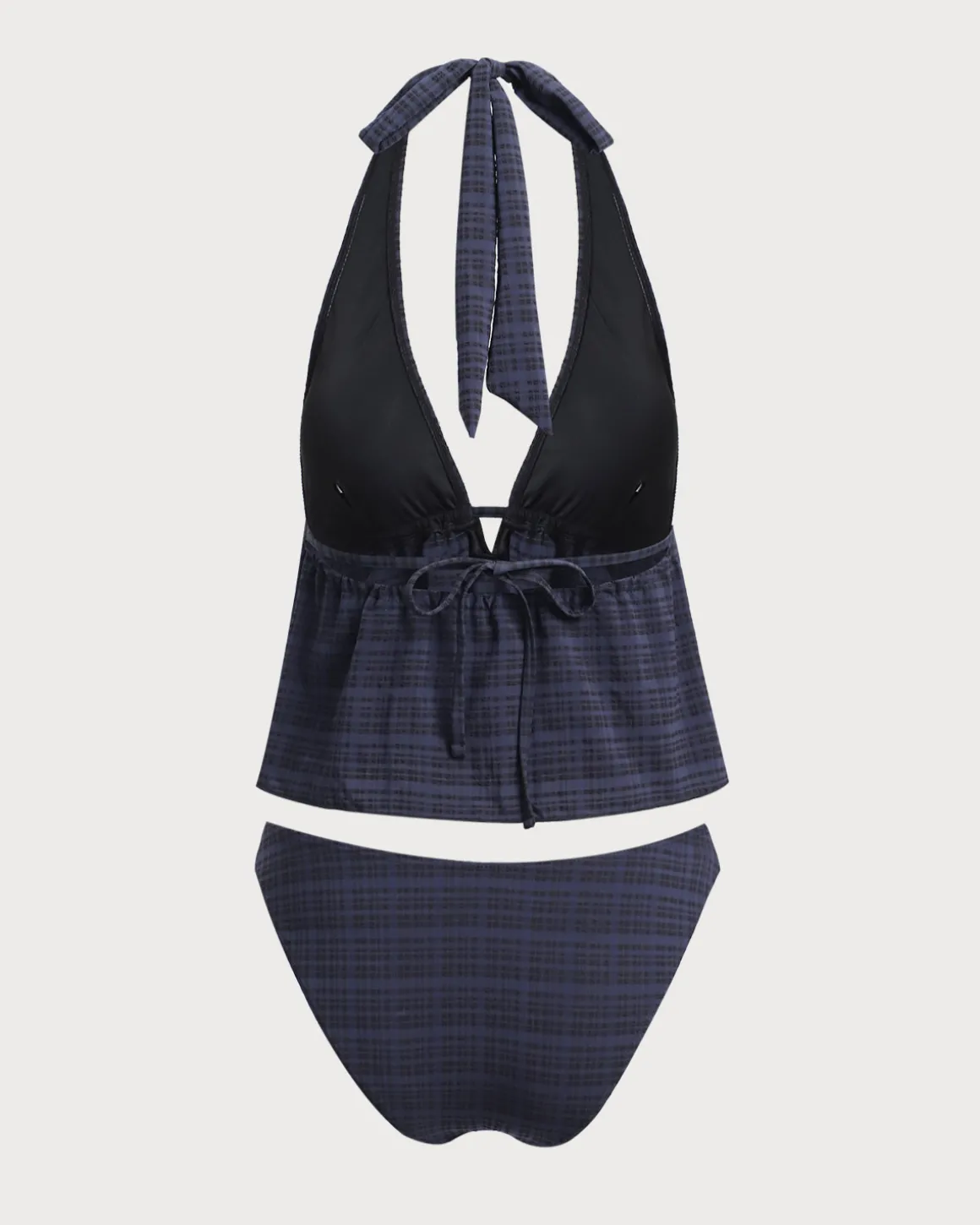 Black Deep V Neck Plaid Tankini Swimsuit