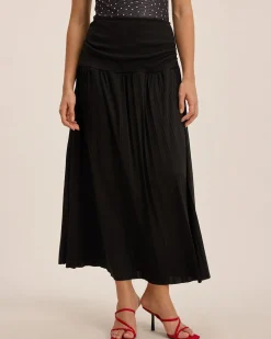 Black Elastic Waist Pleated Midi Skirt