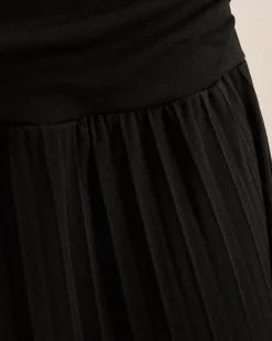 Black Elastic Waist Pleated Midi Skirt