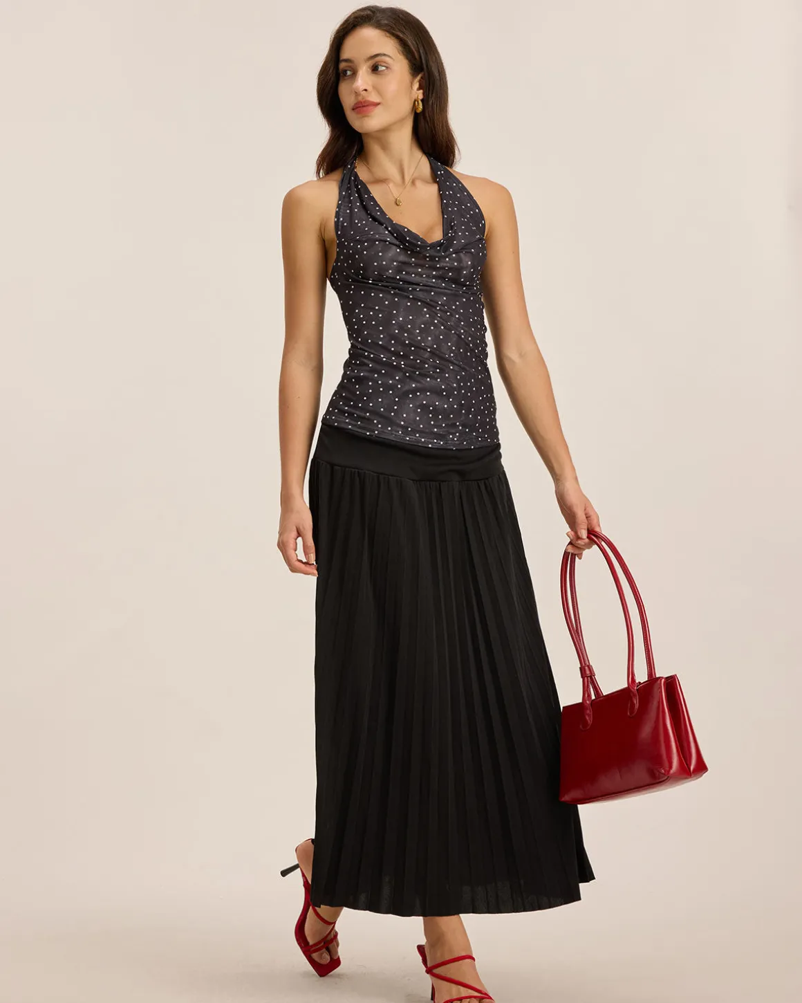 Black Elastic Waist Pleated Midi Skirt