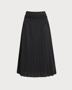 Black Elastic Waist Pleated Midi Skirt