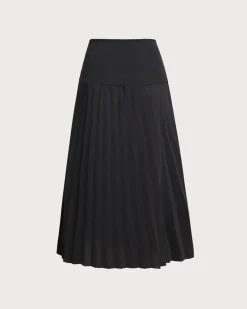 Black Elastic Waist Pleated Midi Skirt