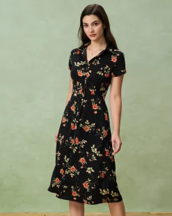 Black Floral Button A-Line Midi Dress