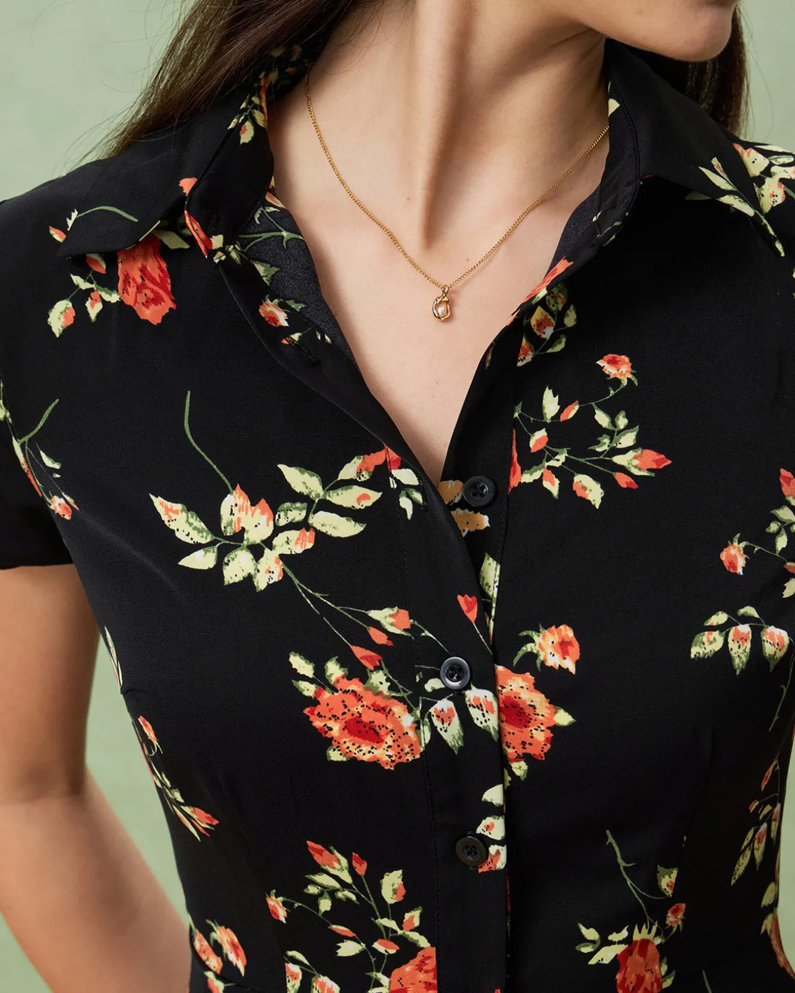 Black Floral Button A-Line Midi Dress