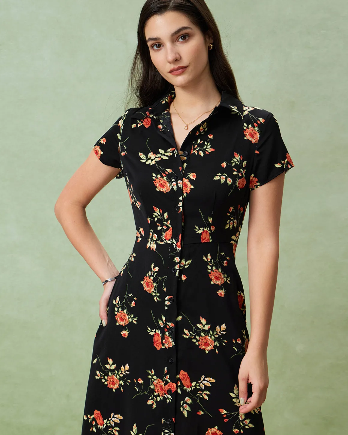 Black Floral Button A-Line Midi Dress