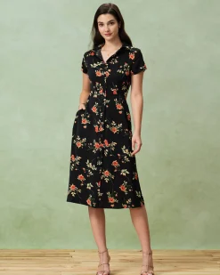 Black Floral Button A-Line Midi Dress