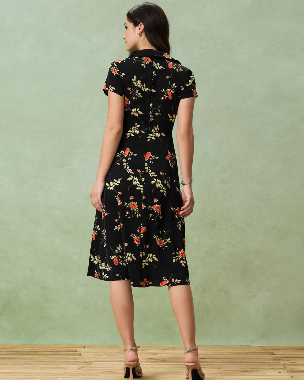 Black Floral Button A-Line Midi Dress
