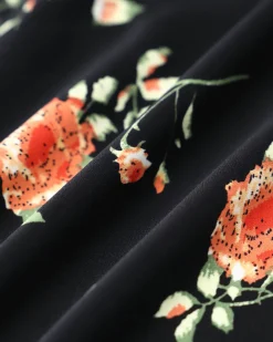 Black Floral Button A-Line Midi Dress