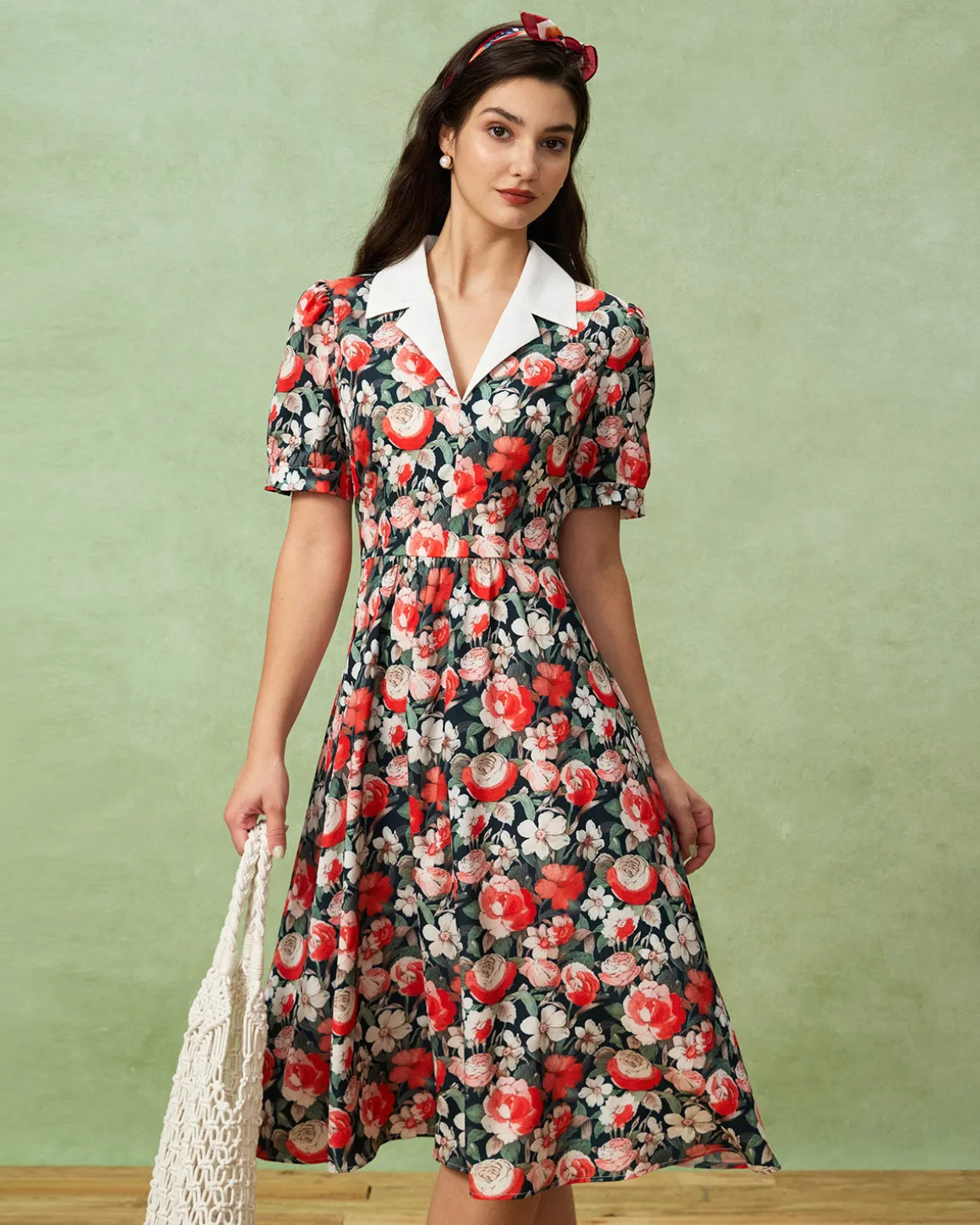 Black Floral Contrast Midi Dress