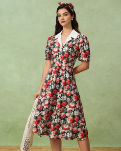 Black Floral Contrast Midi Dress