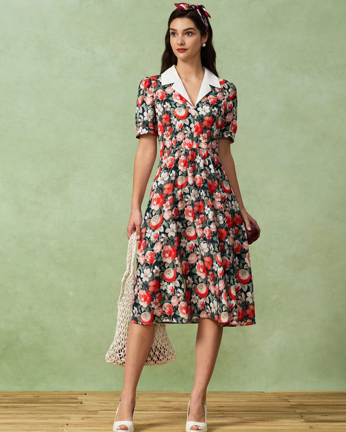 Black Floral Contrast Midi Dress