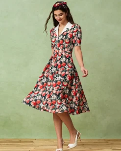 Black Floral Contrast Midi Dress