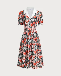 Black Floral Contrast Midi Dress