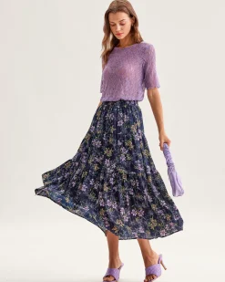 Black Floral Elastic Waist Midi Skirt
