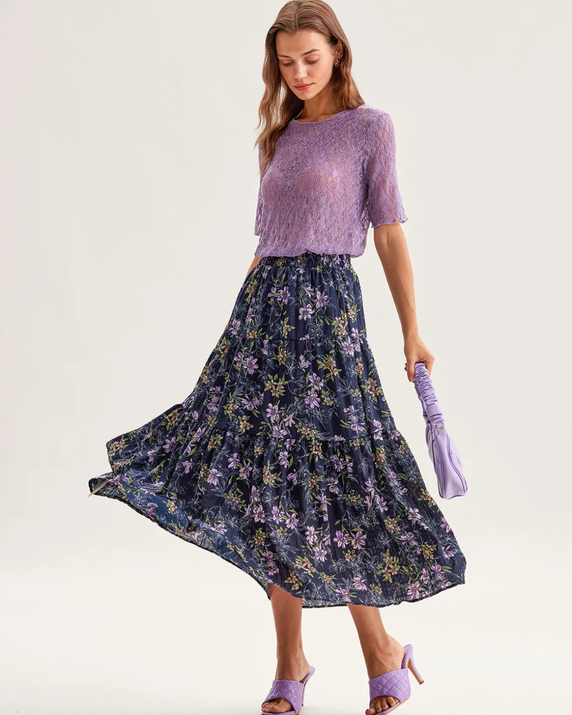 Black Floral Elastic Waist Midi Skirt