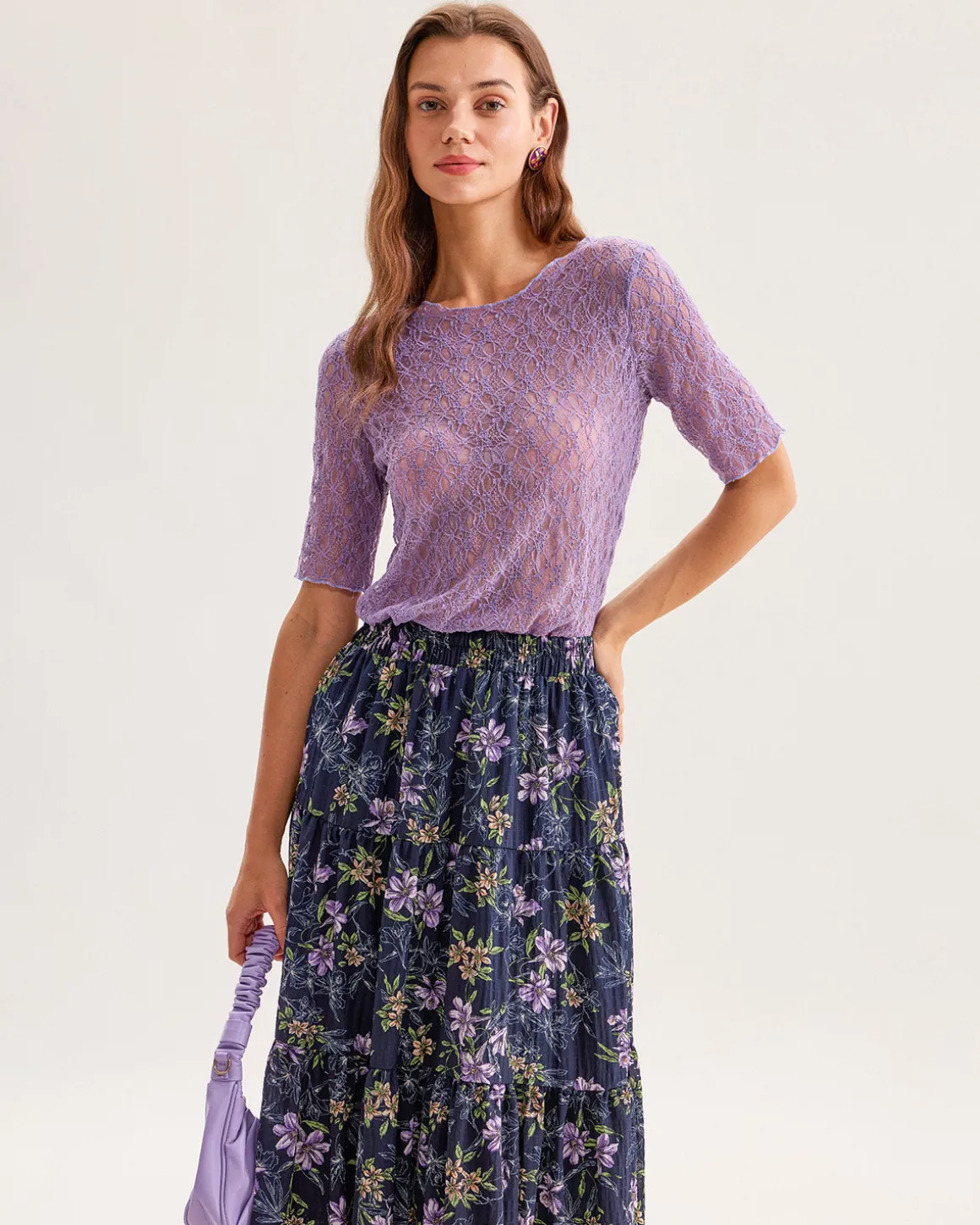 Black Floral Elastic Waist Midi Skirt