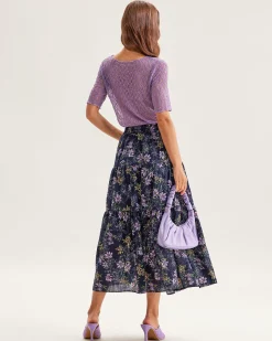 Black Floral Elastic Waist Midi Skirt