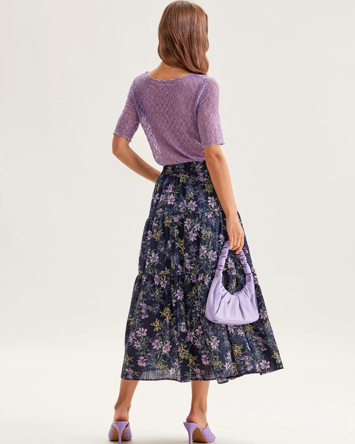 Black Floral Elastic Waist Midi Skirt