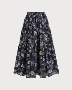 Black Floral Elastic Waist Midi Skirt