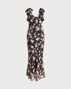 Black Floral Ruffle Sleeveless Maxi Dress