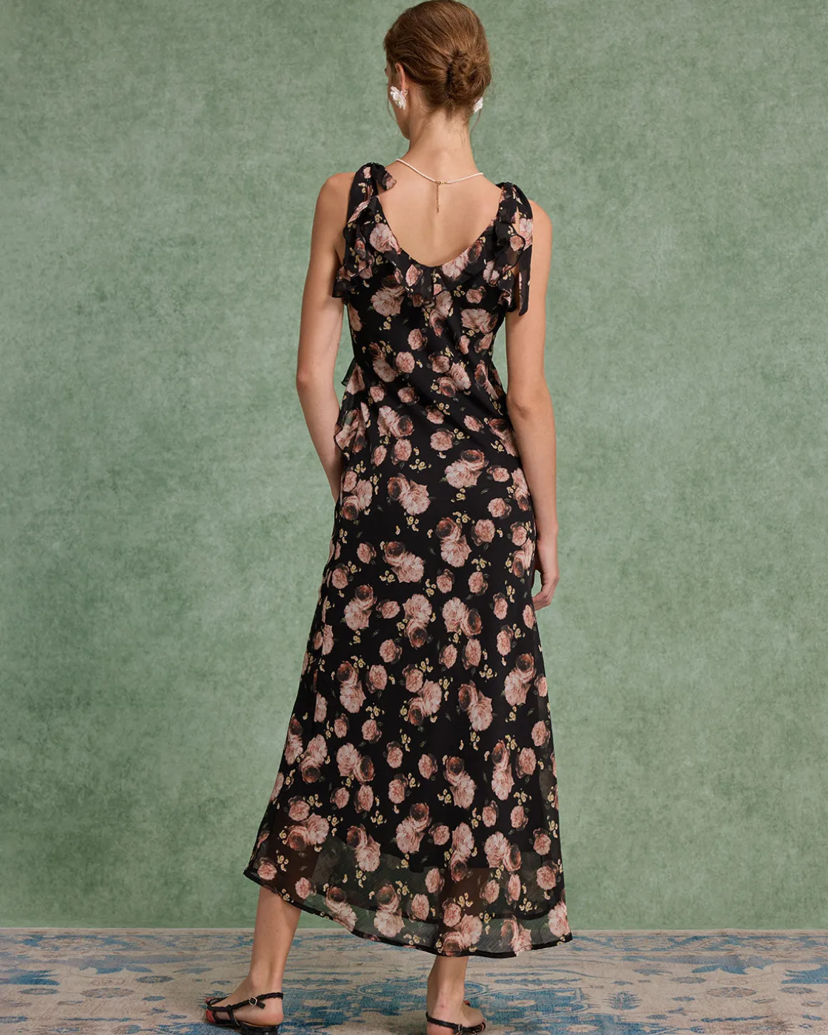 Black Floral Ruffle Sleeveless Maxi Dress