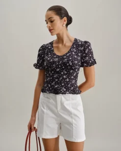 Black Floral Scoop Neck Blouse
